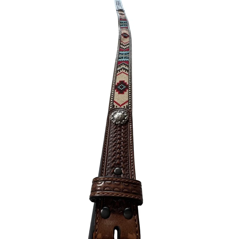Unbranded Western Belt Unisex Brown Excellent Tooled Leather Woven Studs Concho